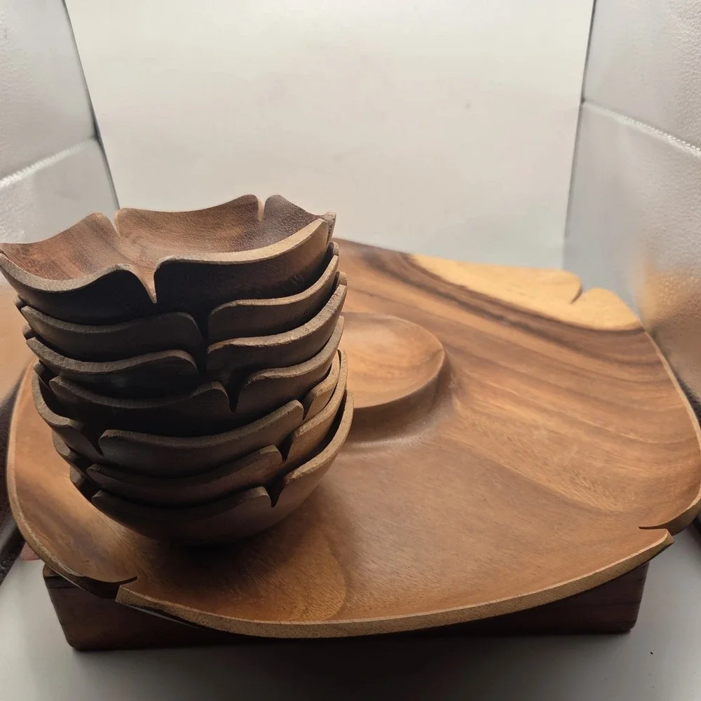 VTG Monkey Pod Wood Leaf Tray 7 Bowls Fiji